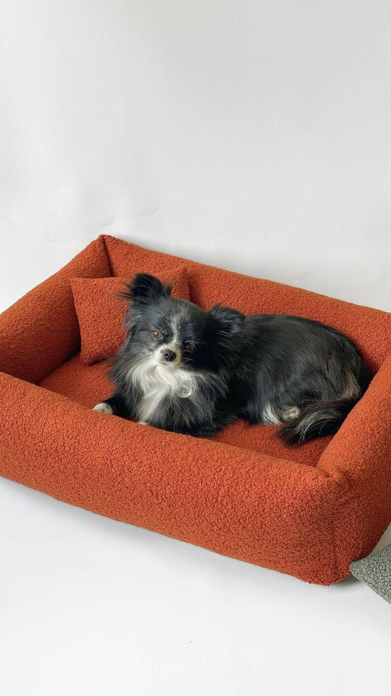 Haustierbett aus Terrakotta-Bouclé, weiches orangefarbenes Hundebett, kuscheliges Teddy-Hundebett für kleine und große Hunde