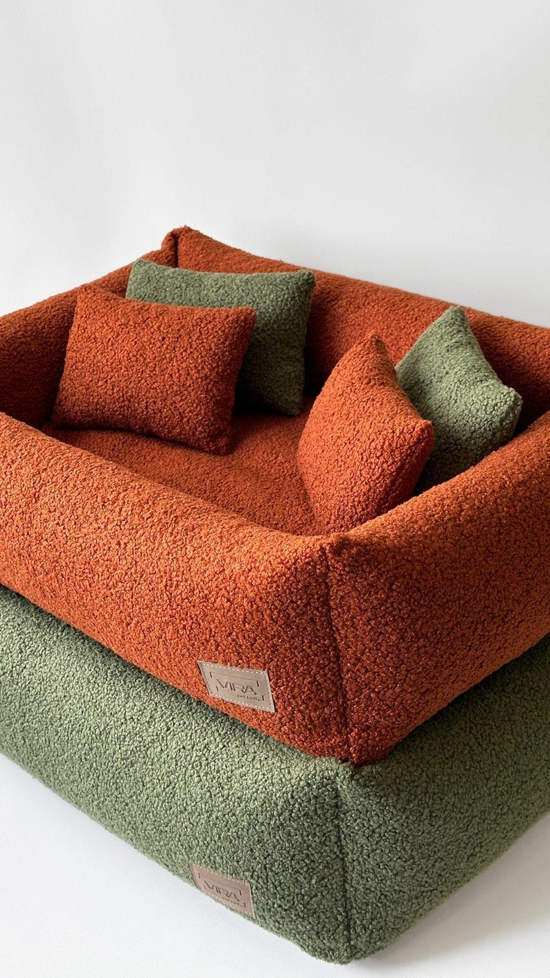 Haustierbett aus Terrakotta-Bouclé, weiches orangefarbenes Hundebett, kuscheliges Teddy-Hundebett für kleine und große Hunde