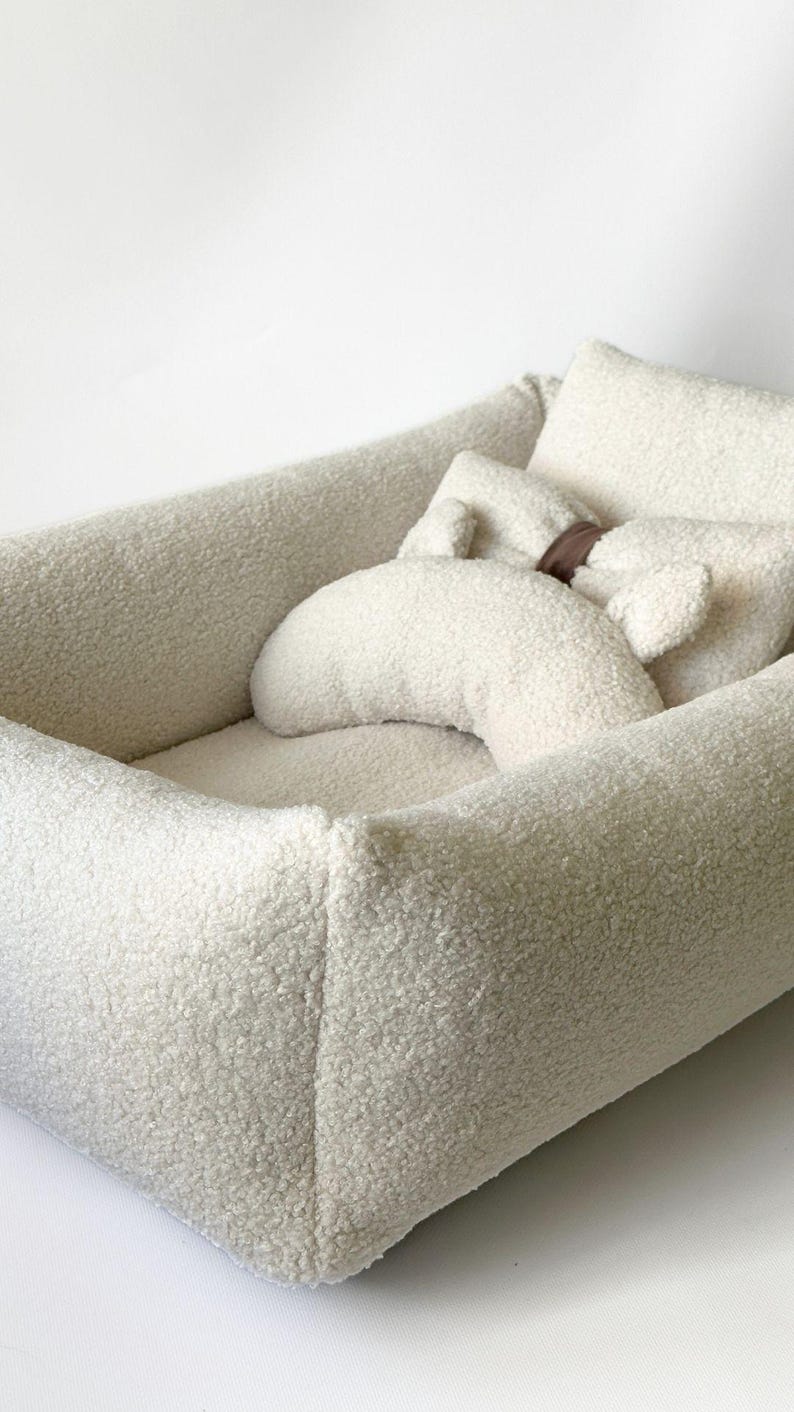 Bouclé-Hundebett in Milchweiß, weiches Teddy-Haustierbett, kuscheliges Sofabett für kleine bis große Hunde