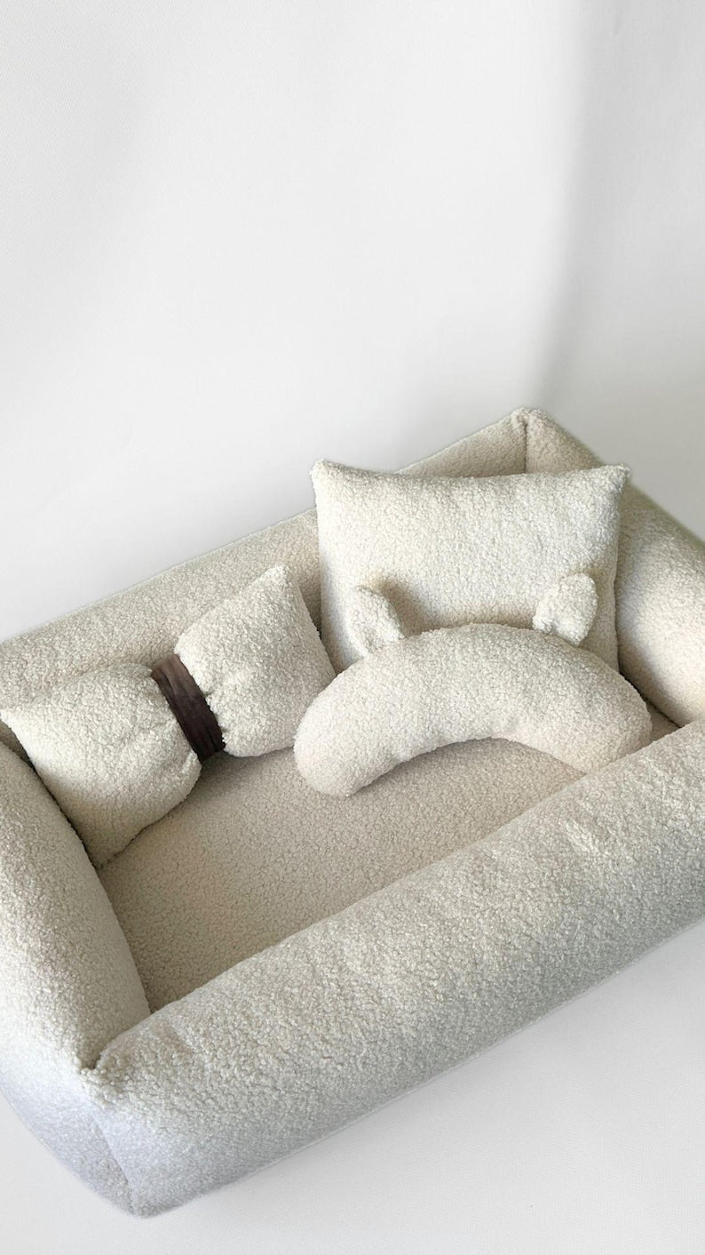 Bouclé-Hundebett in Milchweiß, weiches Teddy-Haustierbett, kuscheliges Sofabett für kleine bis große Hunde