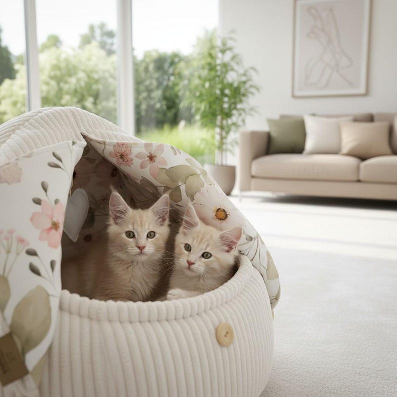 Katzenhöhlenbett mit Knöpfen, waschbares Haustierbett aus Polyester und Kunstfell, 55 cm Höhe, für Katzen und kleine Hunde