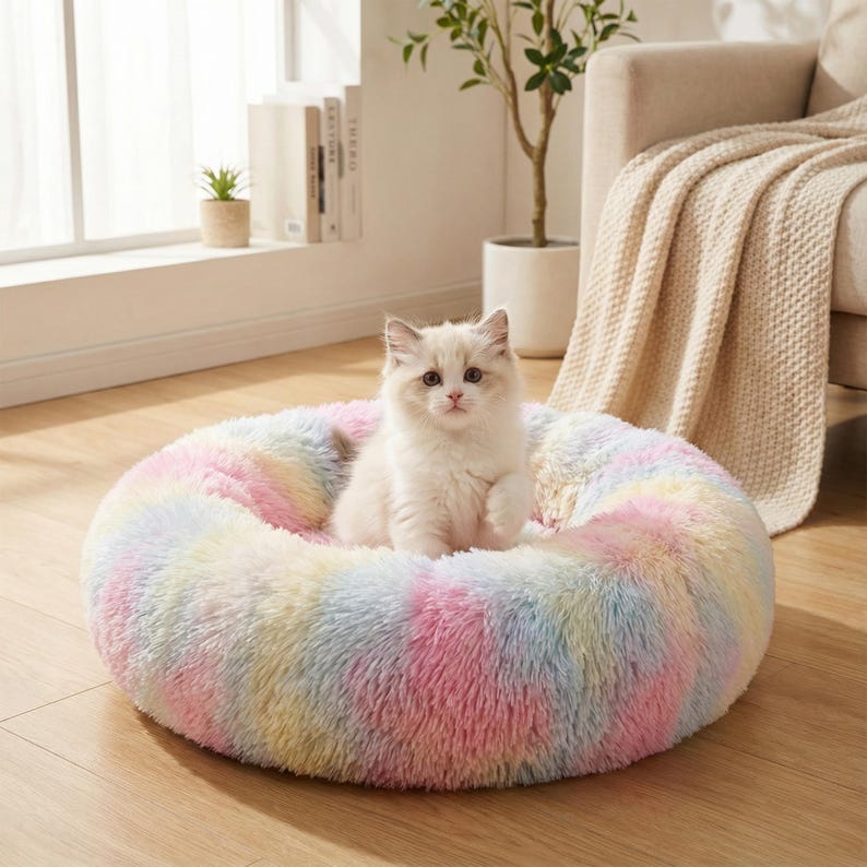 Beruhigendes Donut-Haustierbett aus Plüsch – Rundes Hunde- & Katzenbett mit erhöhtem Rand, weiche Füllung, Gelenkentlastung
