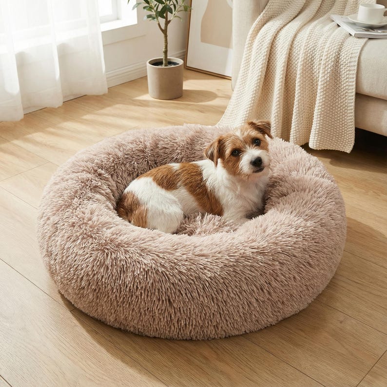 Beruhigendes Donut-Haustierbett aus Plüsch – Rundes Hunde- & Katzenbett mit erhöhtem Rand, weiche Füllung, Gelenkentlastung