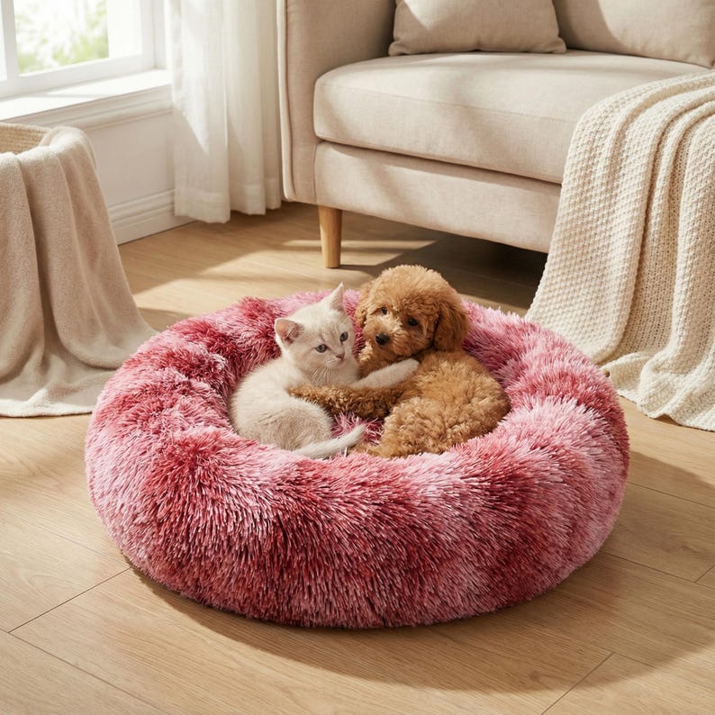 Beruhigendes Donut-Haustierbett aus Plüsch – Rundes Hunde- & Katzenbett mit erhöhtem Rand, weiche Füllung, Gelenkentlastung