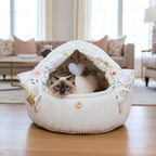 Katzenhöhlenbett mit Knöpfen, waschbares Haustierbett aus Polyester und Kunstfell, 55 cm Höhe, für Katzen und kleine Hunde