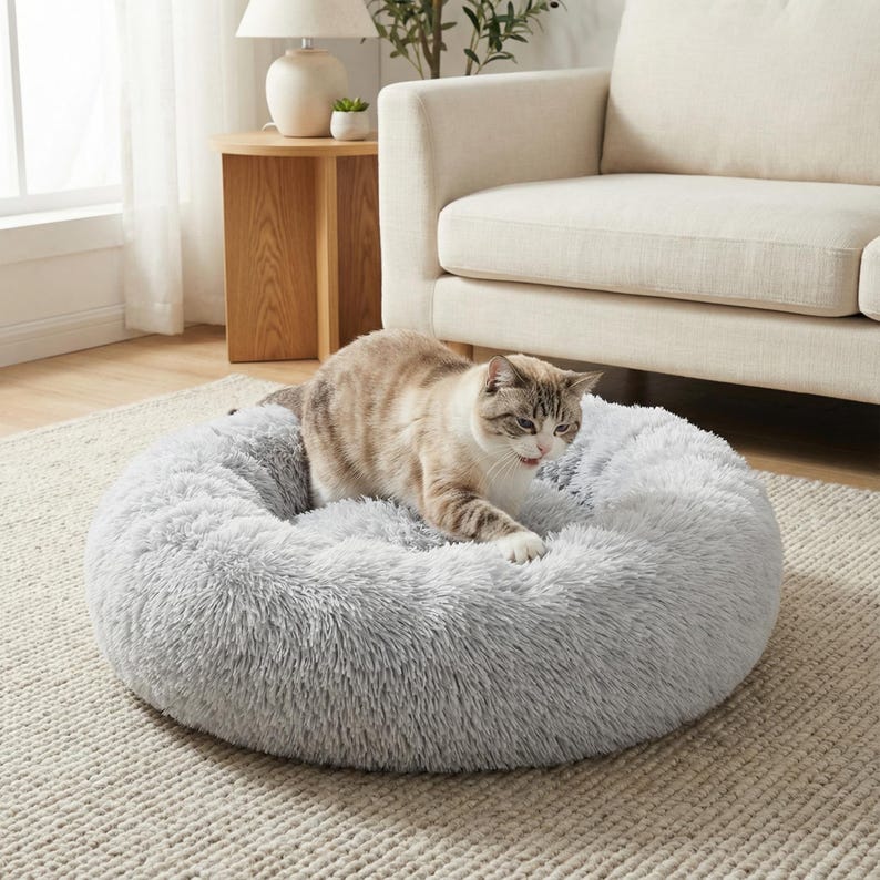 Beruhigendes Donut-Haustierbett aus Plüsch – Rundes Hunde- & Katzenbett mit erhöhtem Rand, weiche Füllung, Gelenkentlastung