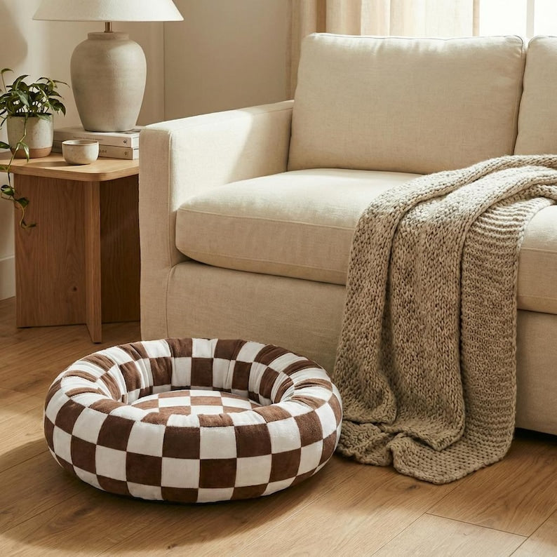 Rundes, waschbares Hundebett, beruhigende Donutform, weicher Plüsch, rutschfest
