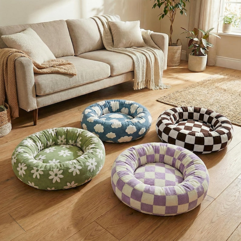 Beruhigendes Hundebett Plüsch | Waschbares rundes Donut-Bett | Klein Mittel Groß | Hundebett