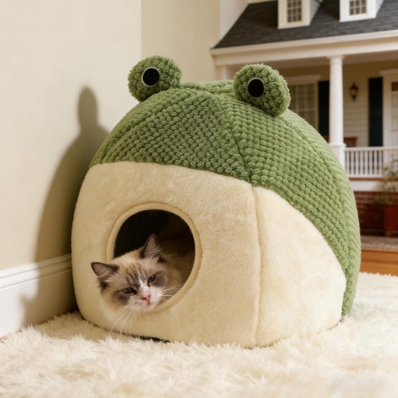 Froschförmiges Halbgeschlossenes Katzenbett Große Größe Plüsch Haustiernest 40x40x37 cm