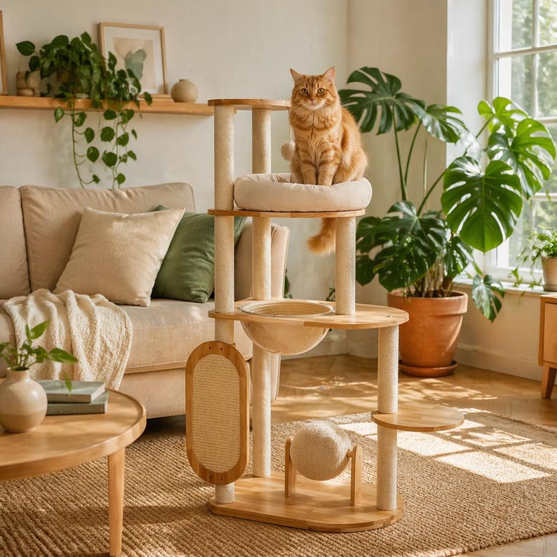 Massivholz Kratzbaum Turm für große Katzen - Mehrstufiger Kletterturm mit Betten & Kratzbäumen