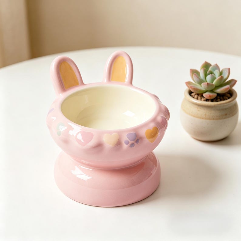 Keramik Erhöhte Katzenschüssel, Hasenohr Design, Pastell Gelb Rosa, Schräge Breite Öffnung, Nackenschutz, 200ml
