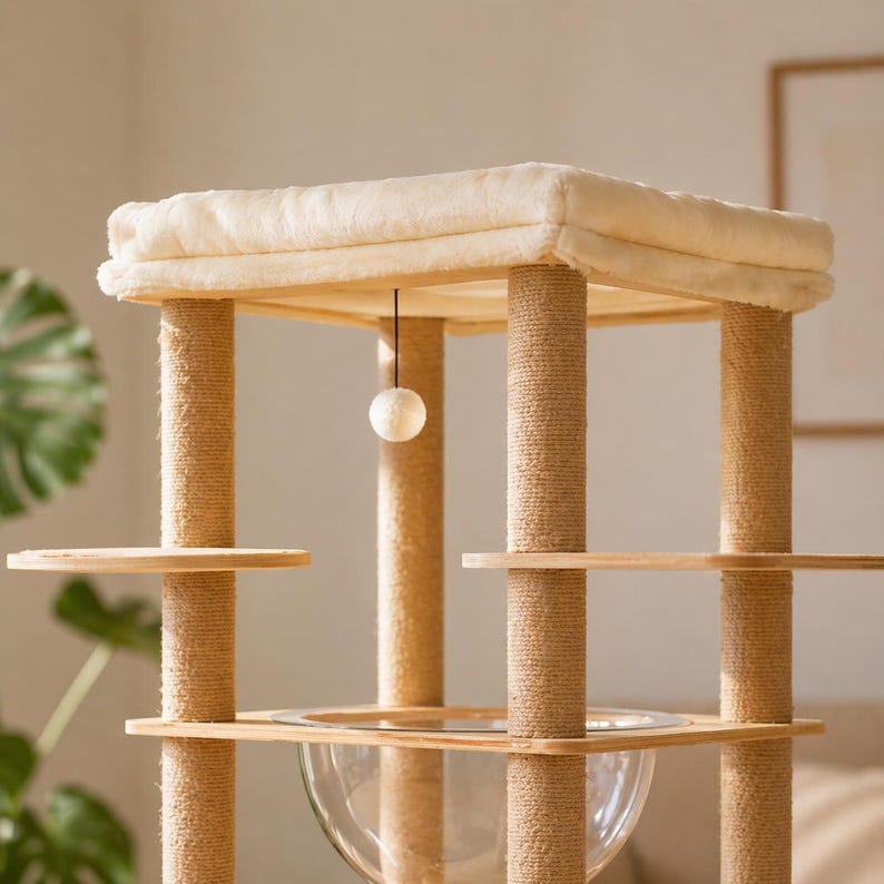 Moderner Kratzbaum aus Holz mit Acryl-Schalen für große Katzen - Katzenturm mit Sitzstange, Höhle und Kratzstämmen