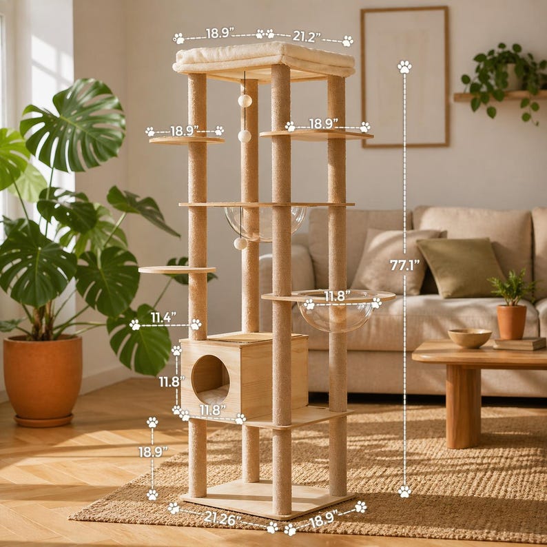 Moderner Kratzbaum aus Holz mit Acryl-Schalen für große Katzen - Katzenturm mit Sitzstange, Höhle und Kratzstämmen