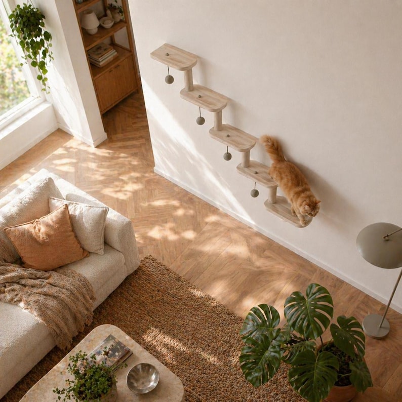 Wall Mounted Cat Ladder with 5 Steps | Wooden Cat Wall Shelves Climbing Frame | Modern Cat Furniture for Indoor Cats