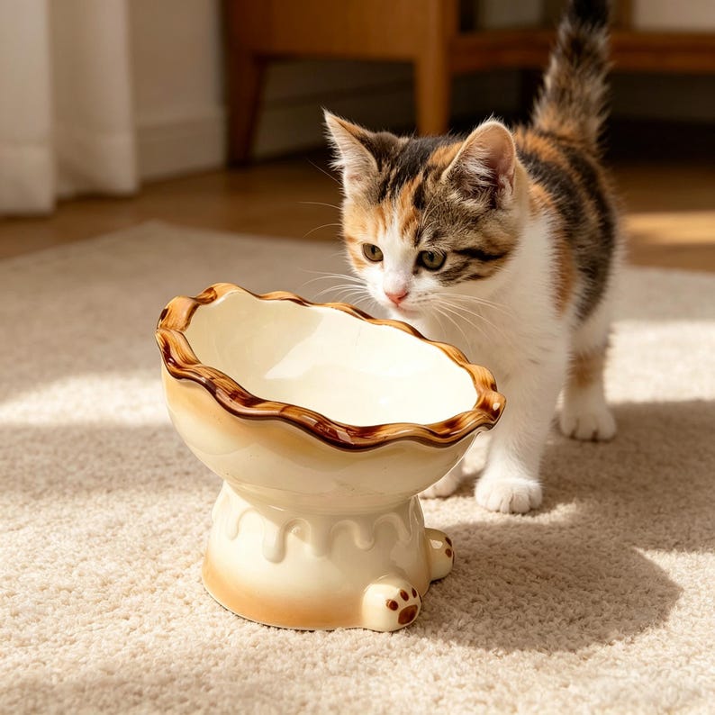 Erhöhter Keramik-Katzennapf mit Pfotenabdruck, rutschfest, Schnurrhaar-freundlich, 16 cm, für Katzen und kleine Hunde
