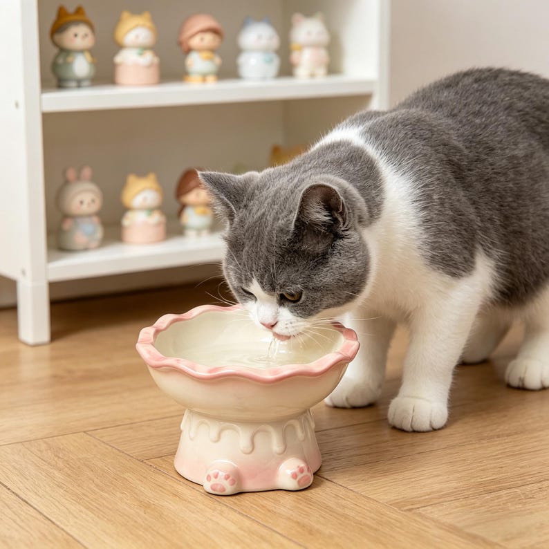 Erhöhter Keramik-Katzennapf mit Pfotenabdruck, rutschfest, Schnurrhaar-freundlich, 16 cm, für Katzen und kleine Hunde