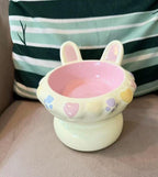 Keramik Erhöhte Katzenschüssel, Hasenohr Design, Pastell Gelb Rosa, Schräge Breite Öffnung, Nackenschutz, 200ml
