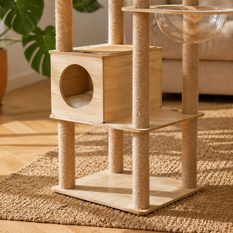 Moderner Kratzbaum aus Holz mit Acryl-Schalen für große Katzen - Katzenturm mit Sitzstange, Höhle und Kratzstämmen