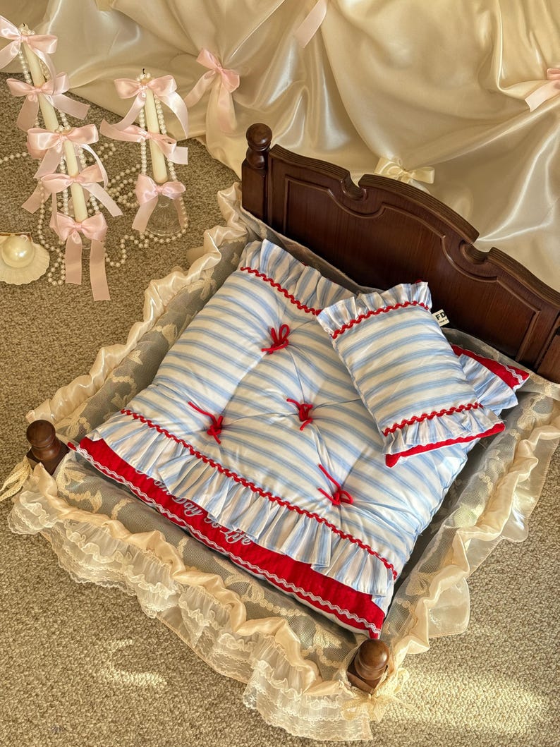 Blau Weiß Streifen Haustier Bett Set mit Kissen, Handgemacht, Rüschen Matte, Marine Stil, für Kleine bis Mittelgroße Hunde und Katzen