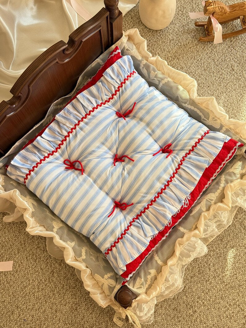 Blau Weiß Streifen Haustier Bett Set mit Kissen, Handgemacht, Rüschen Matte, Marine Stil, für Kleine bis Mittelgroße Hunde und Katzen