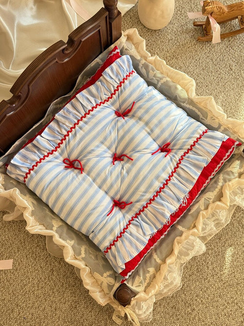 Blau Weiß Streifen Haustier Bett Set mit Kissen, Handgemacht, Rüschen Matte, Marine Stil, für Kleine bis Mittelgroße Hunde und Katzen