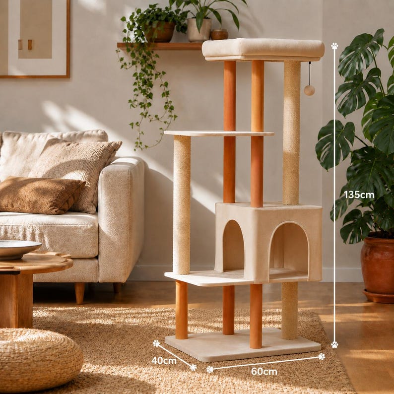 53" Modern Wooden Cat Tree Multi-Level Cat Tower with Scratching Posts for Indoor Cats