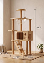 Mehrstöckiger Katzenbaum mit transparenter Beobachtungskuppel, Leiter und Versteckbox, 120 cm