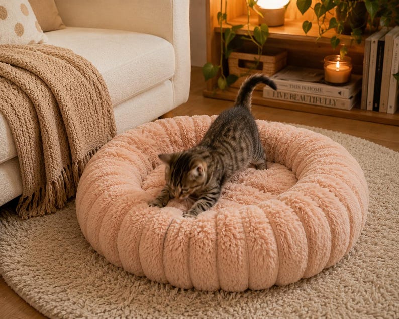 Beruhigendes Donut-Katzenbett, flauschiges rundes Haustierbett, Katzenhöhle, weiches Kätzchenbett, 40-90 cm