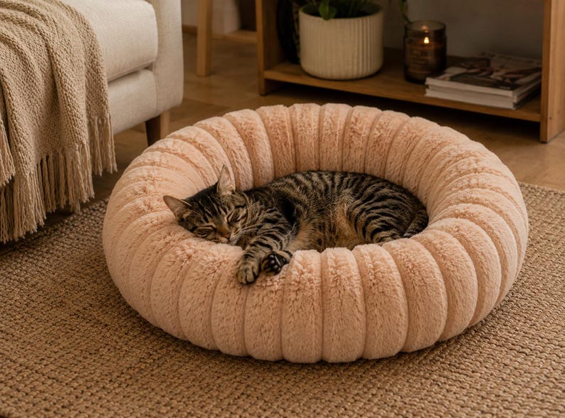 Beruhigendes Donut-Katzenbett, flauschiges rundes Haustierbett, Katzenhöhle, weiches Kätzchenbett, 40-90 cm