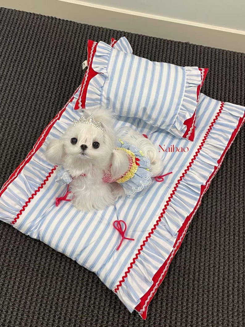 Blau Weiß Streifen Haustier Bett Set mit Kissen, Handgemacht, Rüschen Matte, Marine Stil, für Kleine bis Mittelgroße Hunde und Katzen