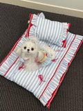 Blau Weiß Streifen Haustier Bett Set mit Kissen, Handgemacht, Rüschen Matte, Marine Stil, für Kleine bis Mittelgroße Hunde und Katzen