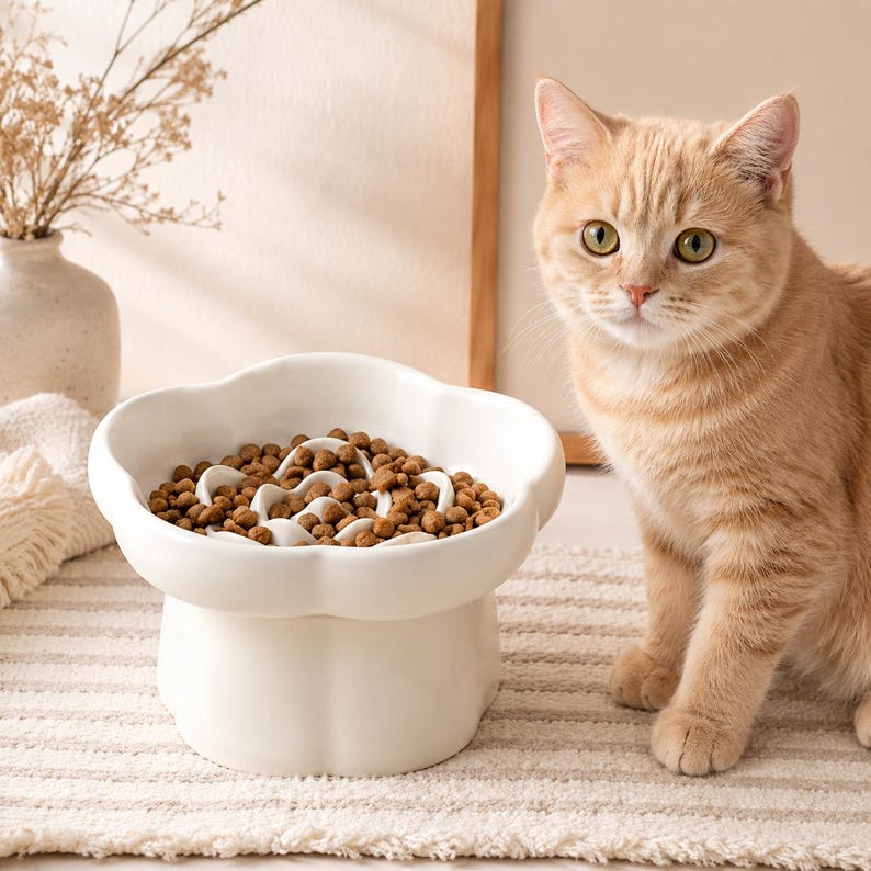 Erhöhter Keramik-Fressnapf mit Blumenmuster für Katzen und kleine Hunde, 200 ml, Cremeweiß