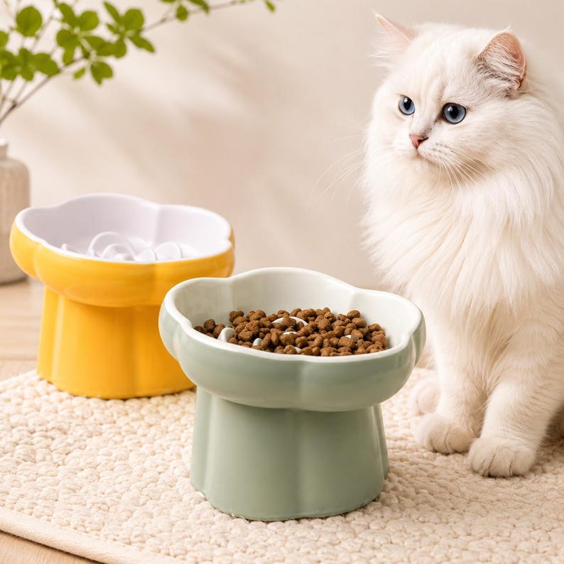 Erhöhter Keramik-Fressnapf mit Blumenmuster für Katzen und kleine Hunde, 200 ml, Cremeweiß