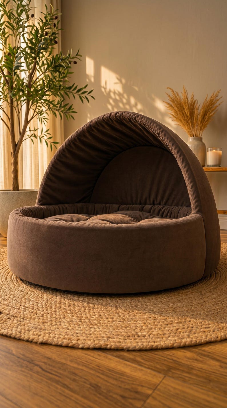 Braunes Samt-Haustierbett mit Kapuze, Höhlenbett für Katzen und Hunde, Plüsch-Sofa-Nest