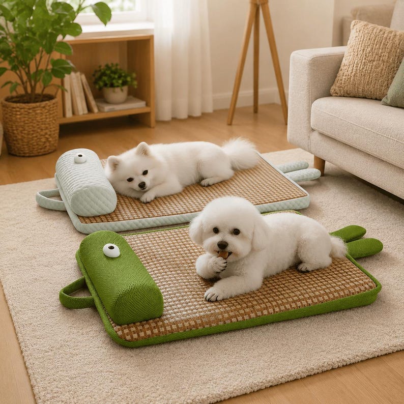 Rattan-Haustiermatte atmungsaktives Kühlbett mit Kissen für Katzen und Hunde