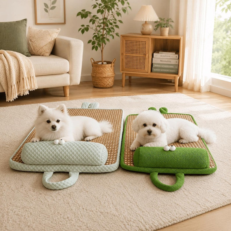 Rattan-Haustiermatte atmungsaktives Kühlbett mit Kissen für Katzen und Hunde