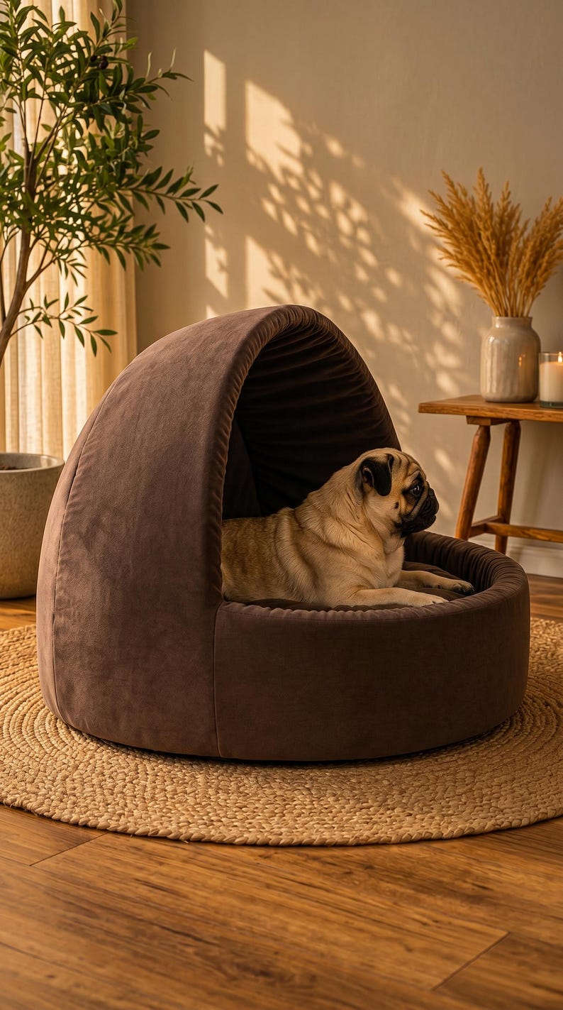 Braunes Samt-Haustierbett mit Kapuze, Höhlenbett für Katzen und Hunde, Plüsch-Sofa-Nest