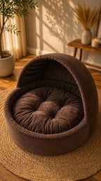 Braunes Samt-Haustierbett mit Kapuze, Höhlenbett für Katzen und Hunde, Plüsch-Sofa-Nest
