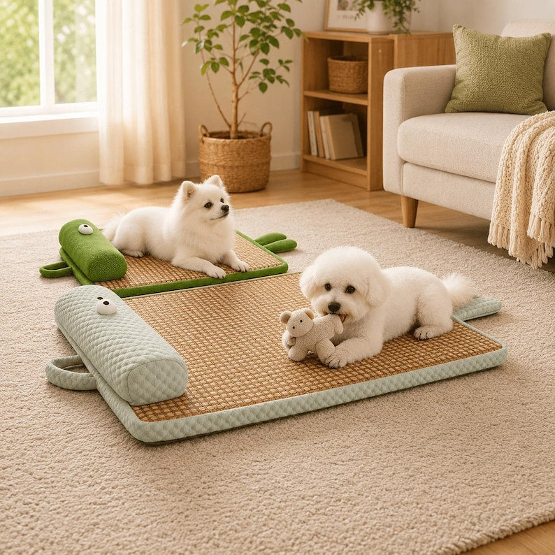 Rattan-Haustiermatte atmungsaktives Kühlbett mit Kissen für Katzen und Hunde
